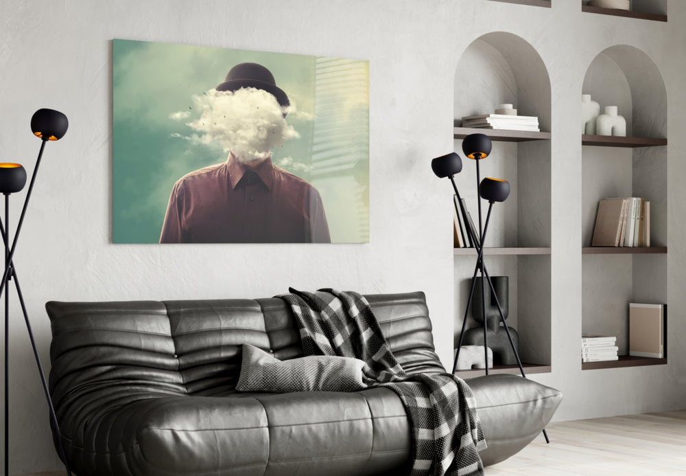 Cloud Man glass wall art styled above a desk in an introspective study
