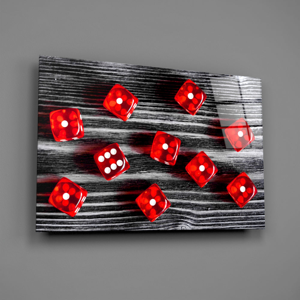 Crimson-dice panel bringing games-noir mood to a contemporary living space
