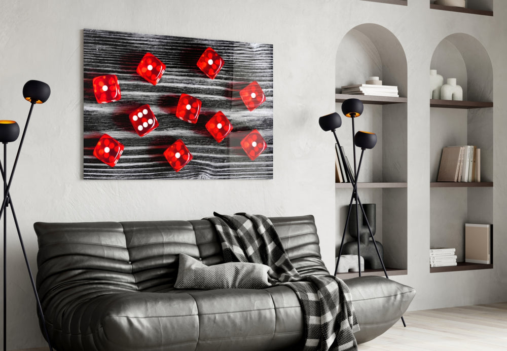 Dice glass wall art styled above a console in a games man-cave