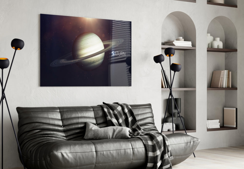Saturn glass wall art styled above a desk in a cosmic child's room