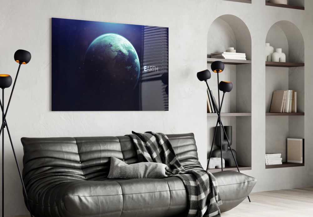World glass wall art styled above a desk in a cosmic child's room