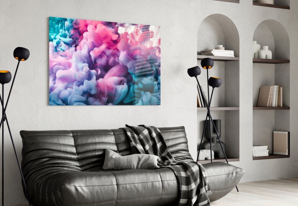 Colored Smoke glass wall art styled above a bed in a serene bedroom