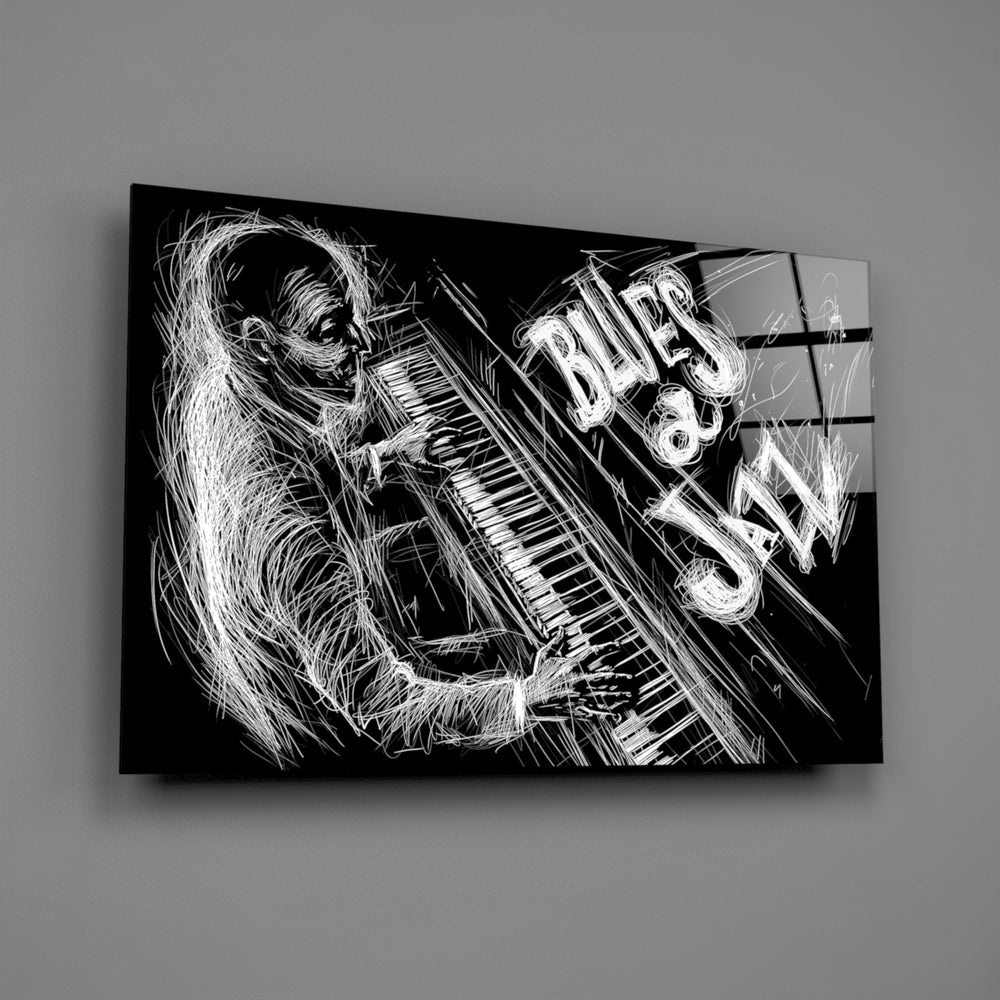 Scribble-pianist panel bringing jazz-club mood to a contemporary living space