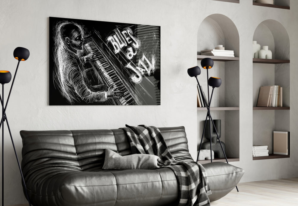 Jazz Blues Music glass wall art styled in a music room with creative pulse