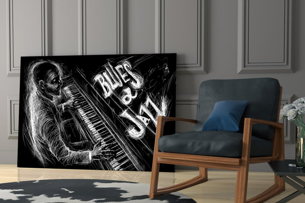 Jazz Blues Music glass print enhancing a study with editorial spirit