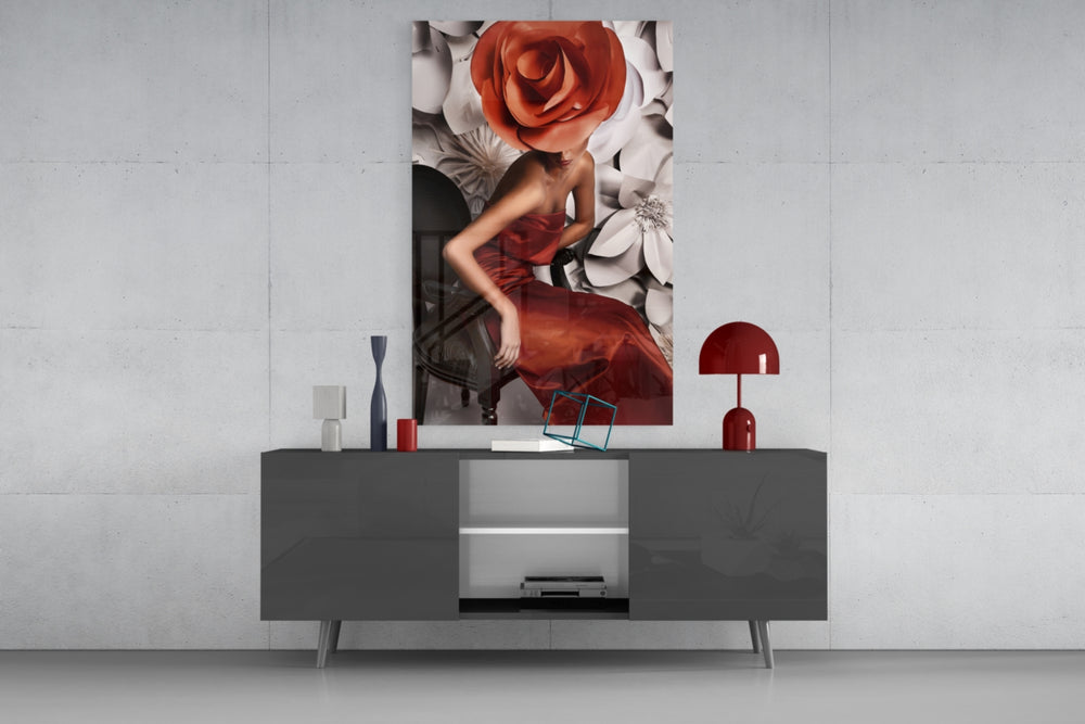 Flower Woman panel catching gallery light to reveal its sculptural blooms