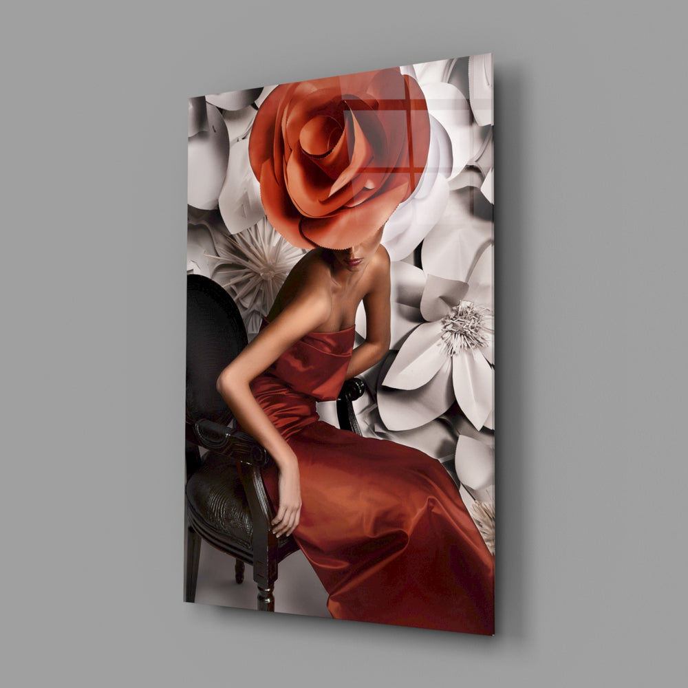 Red-rose-couture panel bringing editorial drama to a contemporary living space