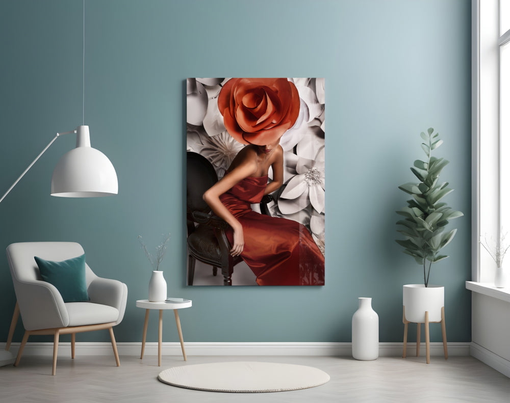 Flower Woman glass wall art styled above a vanity in a dressing area