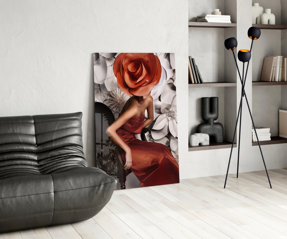 Flower Woman panel adding editorial pulse to a powder room