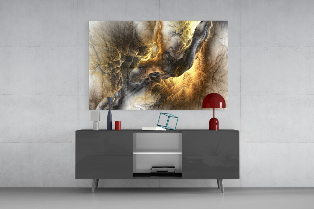 Golden Chaos panel catching gallery light to reveal its dimensional ridges