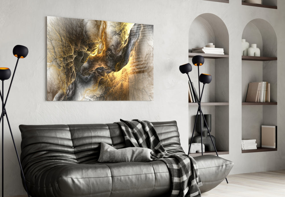 Golden Chaos glass wall art styled above a vanity in a powder room