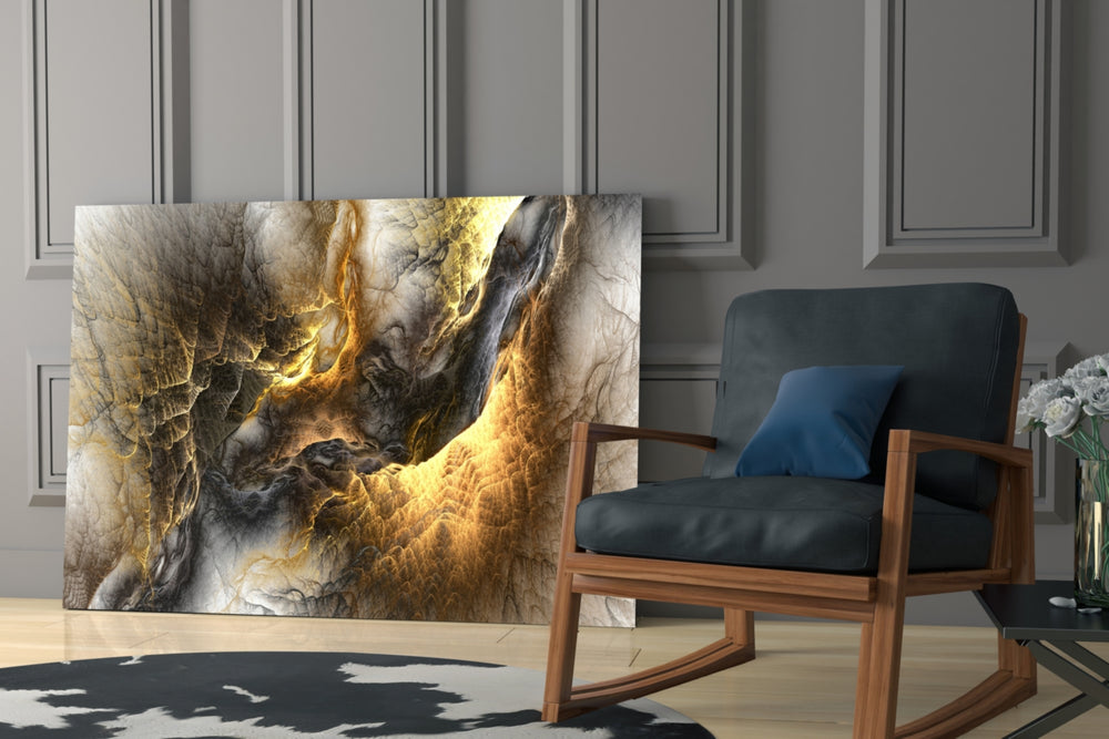 Golden Chaos glass print enhancing a lounge with metallic mood