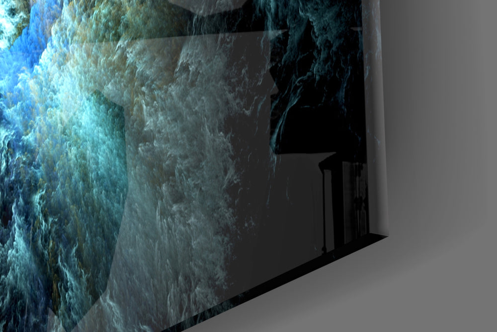 Cosmic Blue artwork anchoring a wall with moody fantastical palette