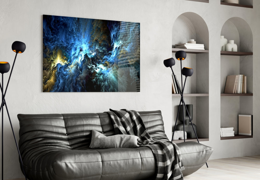 Cosmic Blue glass wall art styled above a console in a cinematic media room