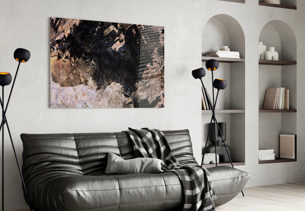 Rustic Imagination glass wall art styled above a desk in an introspective study