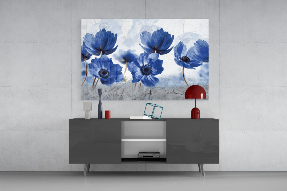 Blue Flowers panel catching soft light to reveal its painterly oil