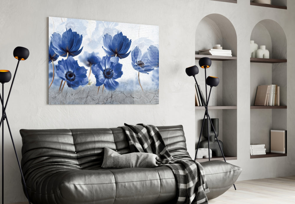 Blue Flowers glass wall art styled above a bed in a serene bedroom