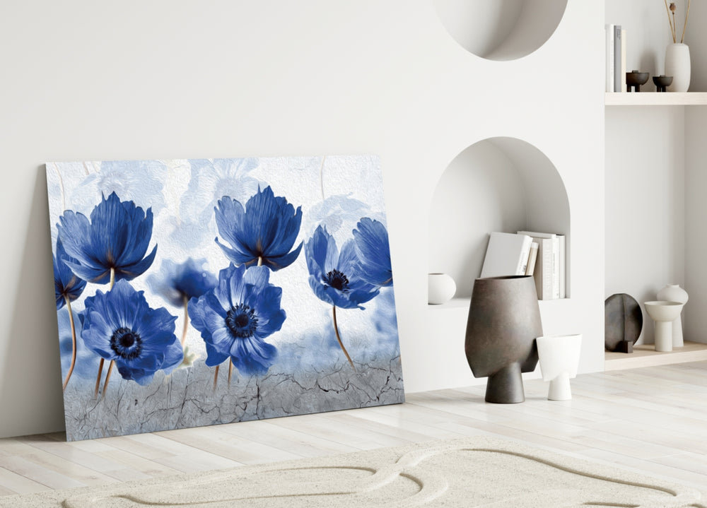 Close-up detail of cobalt anemones on cracked-plaster cream field