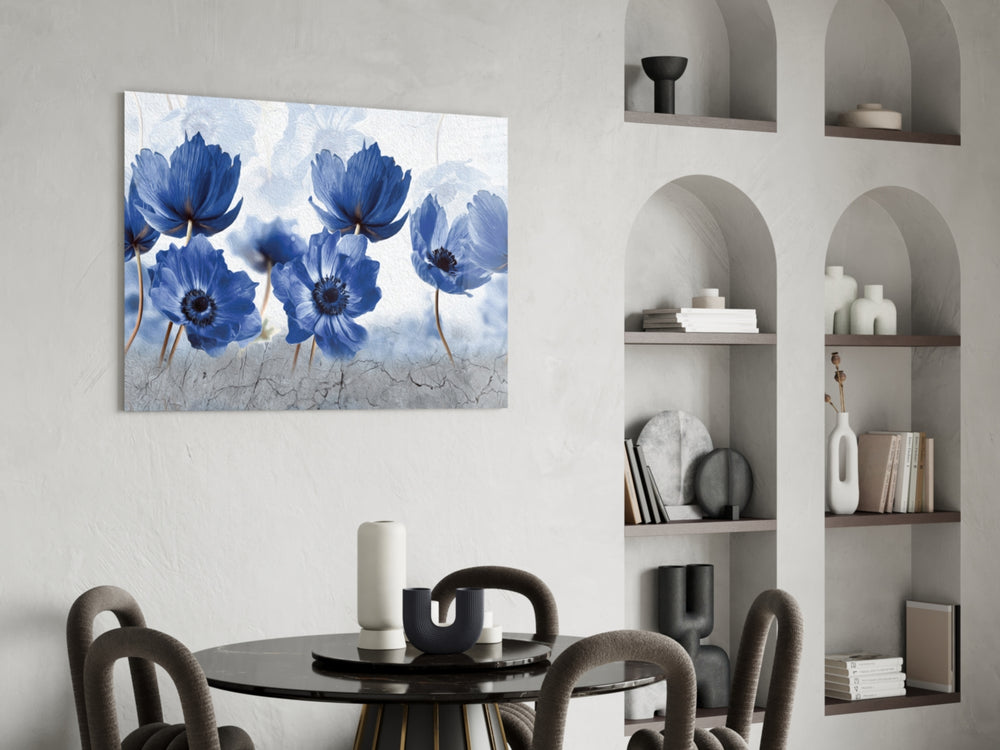 Blue Flowers panel adding floral pulse to a powder room