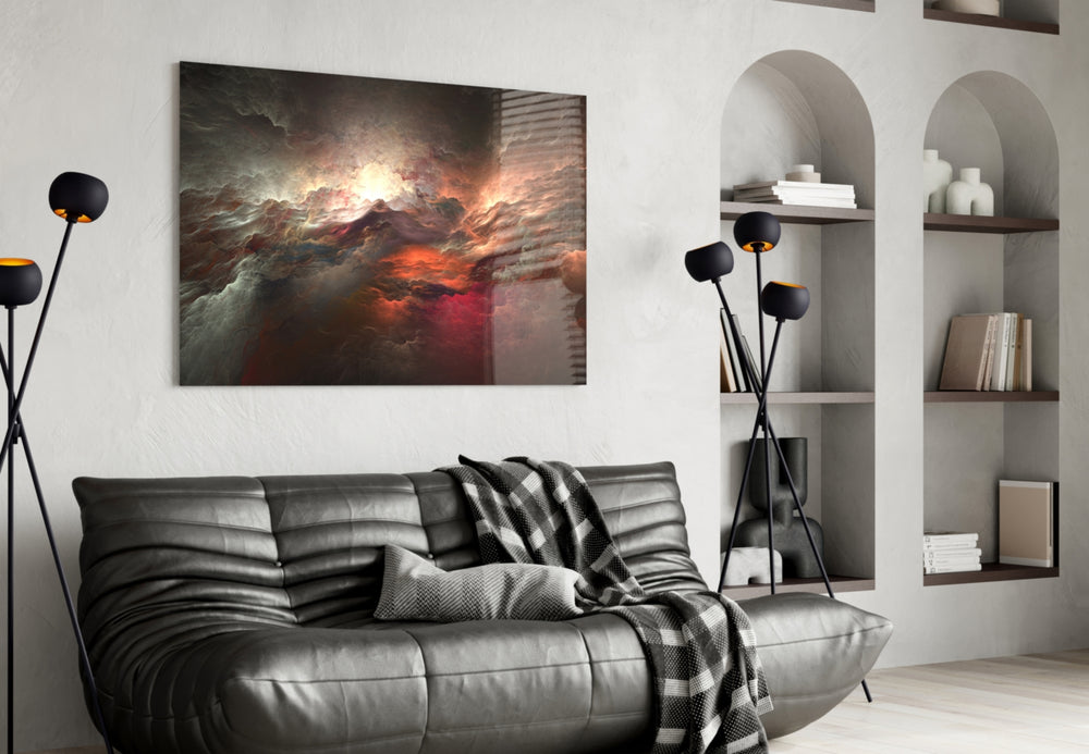 Red Chaos glass wall art styled above a console in a cinematic media room