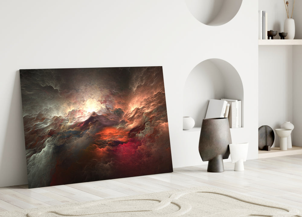 Close-up detail of crimson clouds breaking with white sun-burst