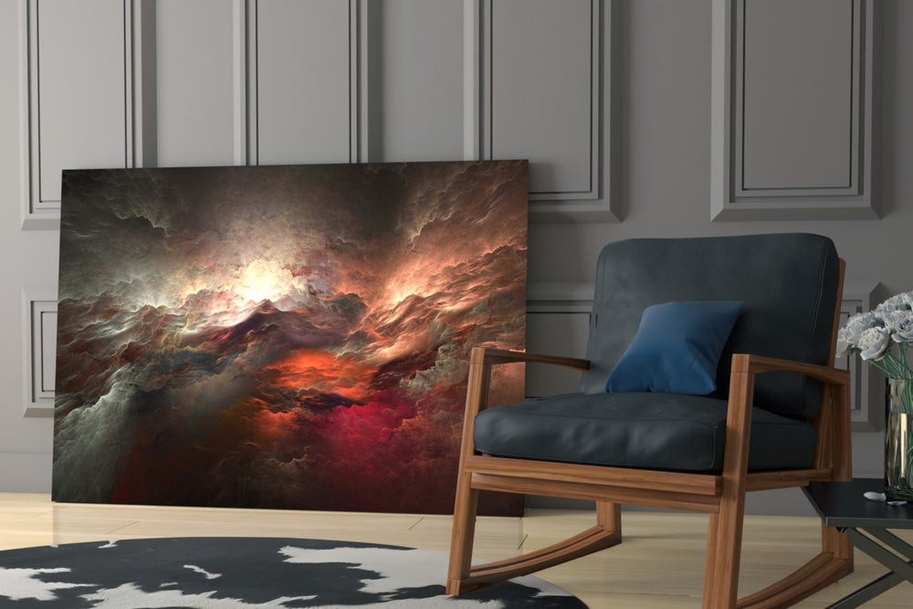 Red Chaos glass print enhancing a study with theatrical pulse