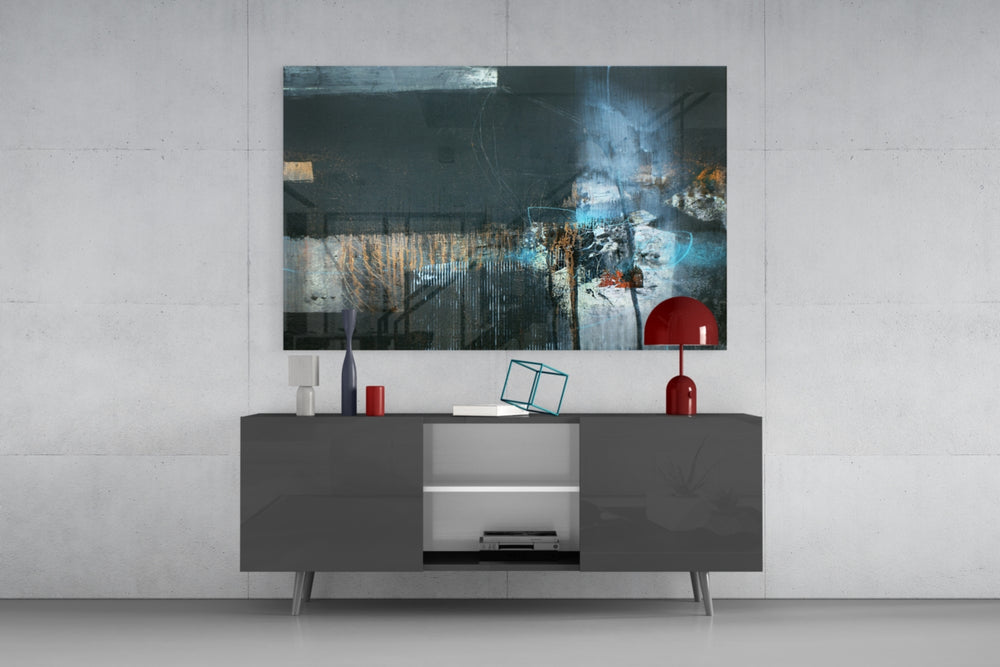 Abstract Art panel catching low light to reveal its tactile drips