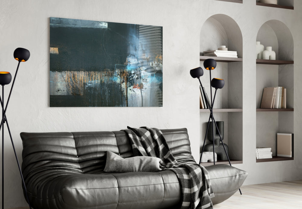 Abstract Art glass wall art styled above a desk in an introspective study
