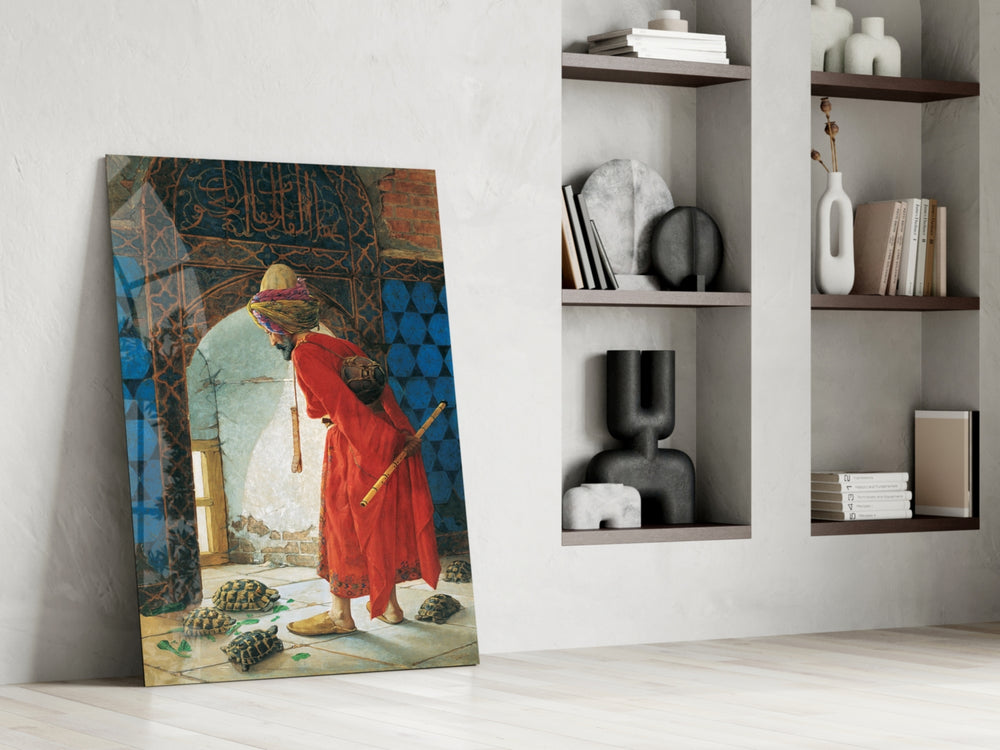 Turtle Trainer glass print enhancing a library with scholarly tone