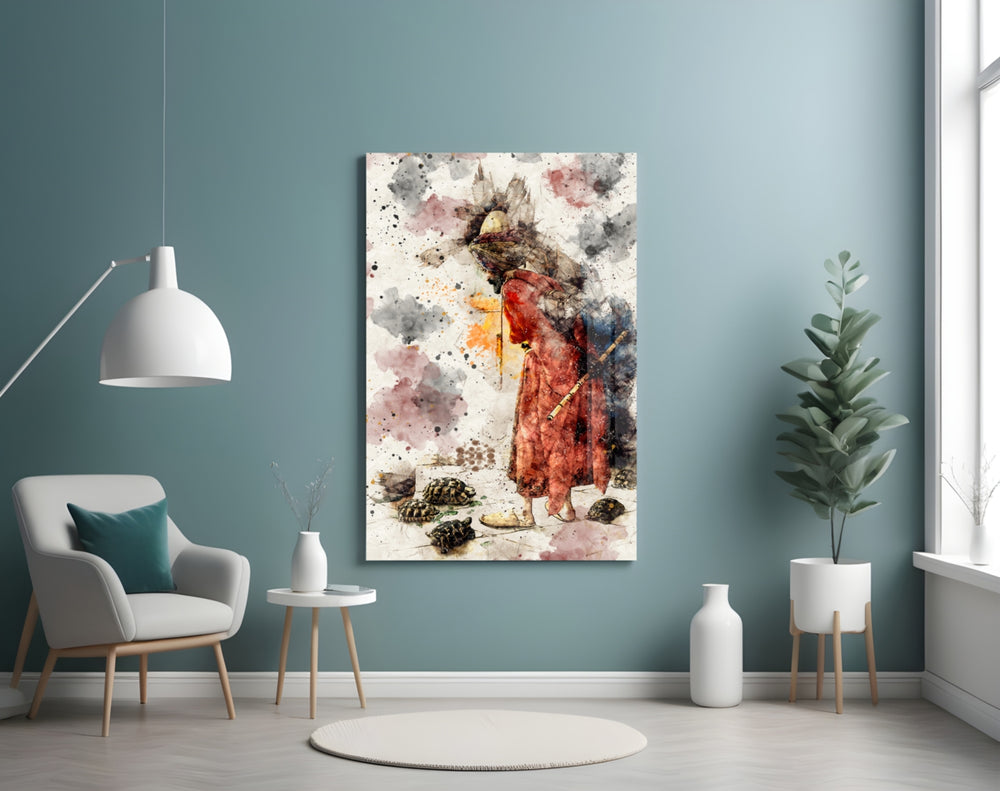 Tortoise Trainer Illustration glass wall art styled above a desk in a cultural study