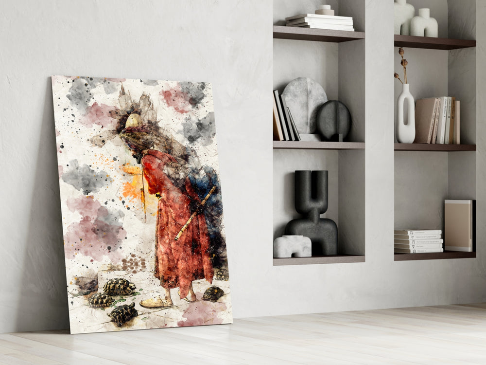 Tortoise Trainer Illustration glass print enhancing a library with painterly tone