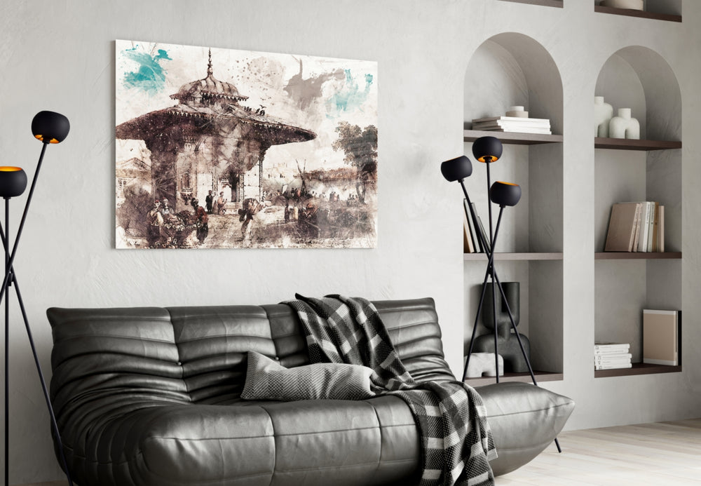 Uskudar Illustration glass wall art styled above a desk in a traveler's-nostalgia study