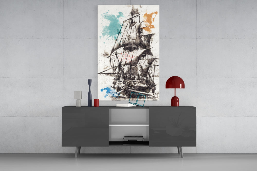 Ship Illustration panel catching soft light to reveal its kinetic splashes