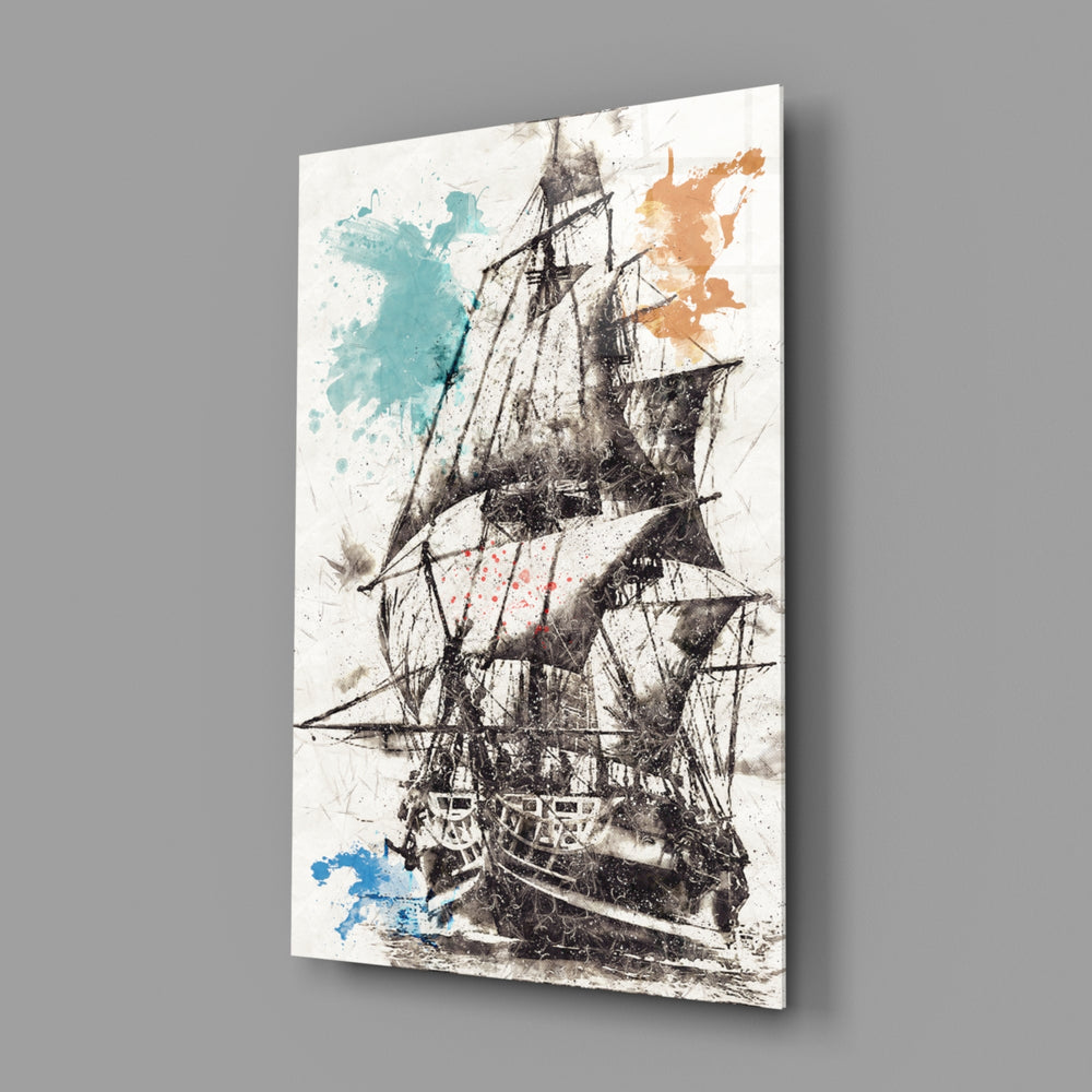 Watercolor-galleon panel bringing seafaring romance to a contemporary living space