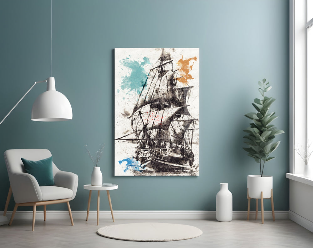 Ship Illustration glass wall art styled above a desk in an explorer-mood study