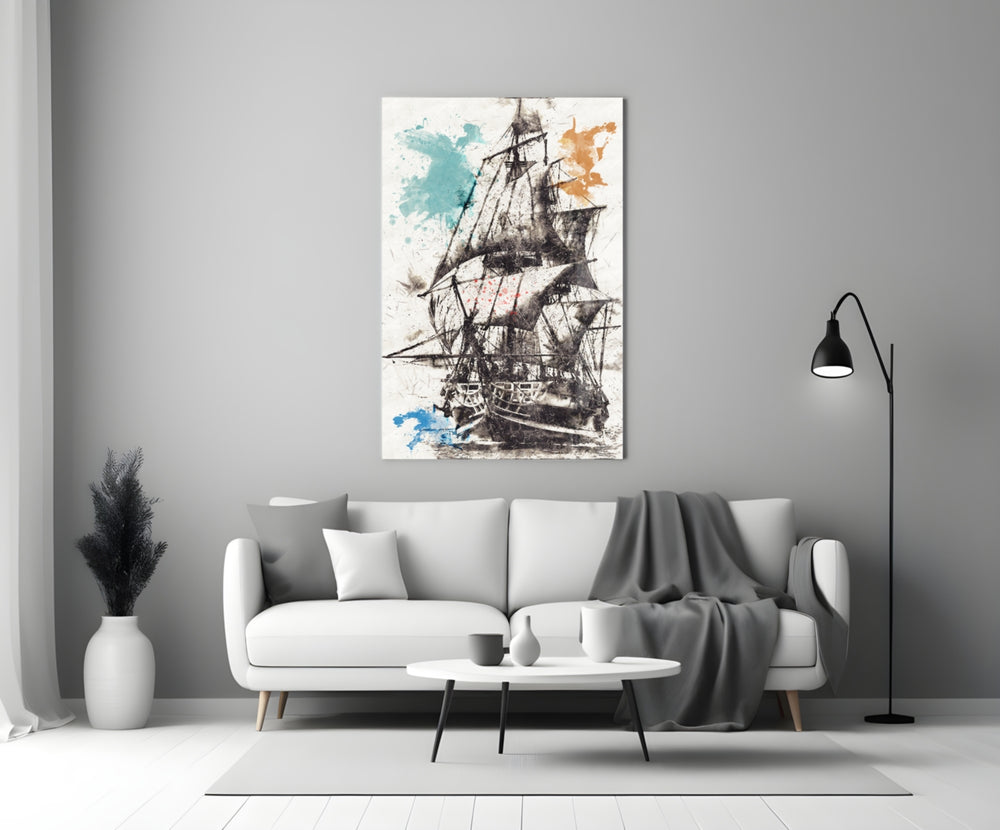 Close-up detail of galleon hull and rigging on cream watercolor field
