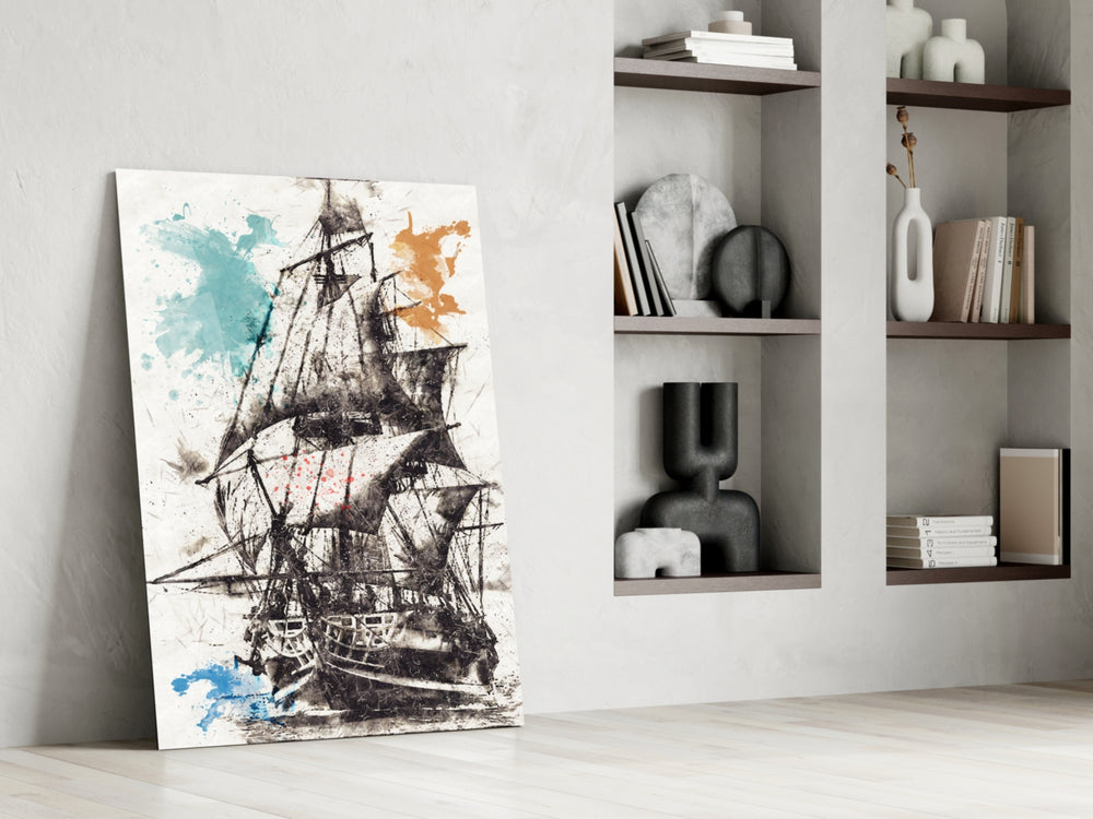 Ship Illustration glass print enhancing a coastal-mood foyer