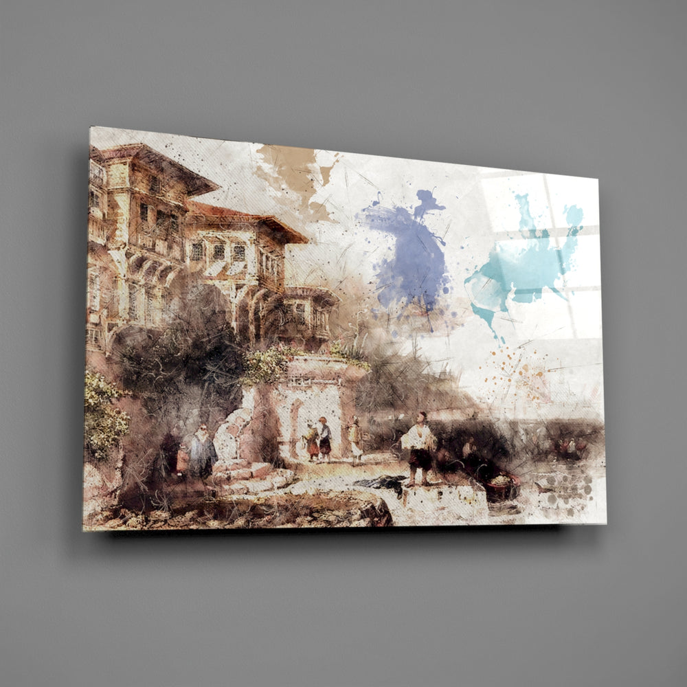 Watercolor-konak panel bringing Ottoman heritage to a contemporary living space