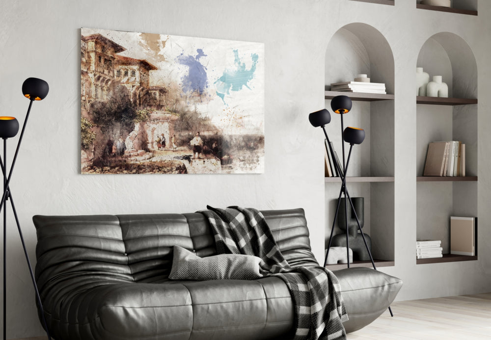 Bay Window glass wall art styled above a desk in a traveler's-nostalgia study