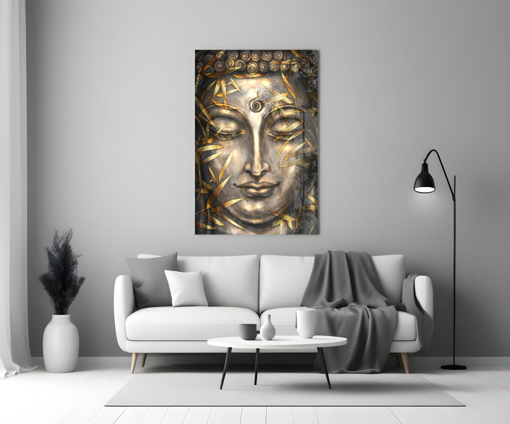 Close-up detail of bronze Buddha face with gilded bamboo-leaf strands