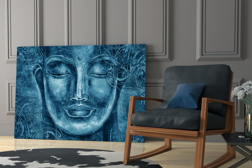 Mystical Blue Sculpture glass print enhancing a bedroom with tranquil tone
