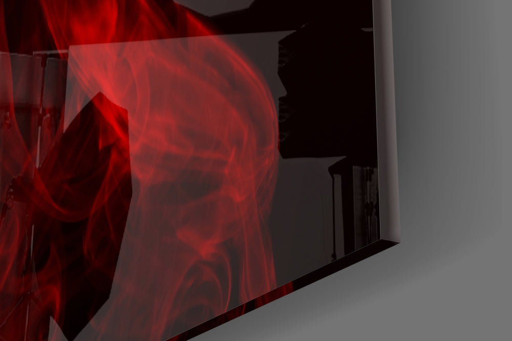 Red Smoke artwork anchoring a wall with bold dramatic palette