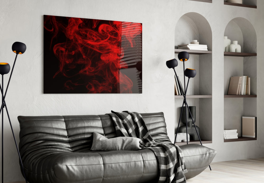 Red Smoke glass wall art styled above a console in a sultry man-cave