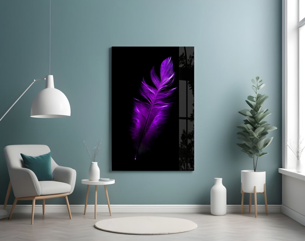 Purple Feather glass wall art styled above a vanity in a powder room