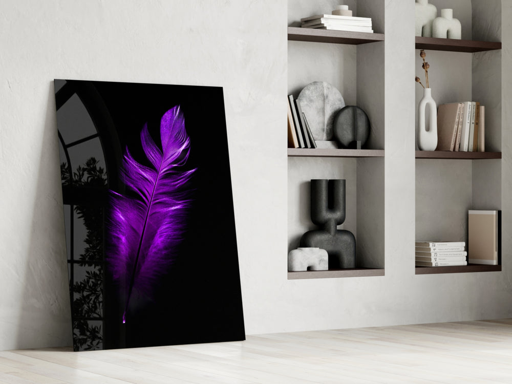 Purple Feather glass print enhancing a bedroom with serene drama