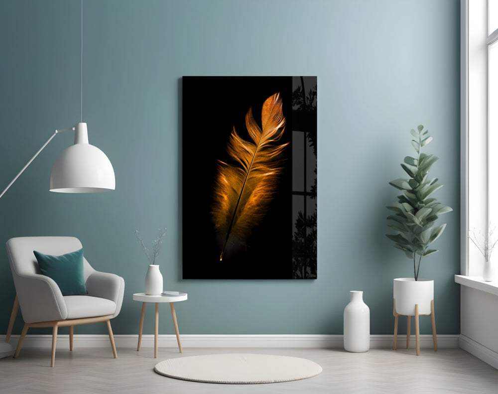 Copper Feather glass wall art styled above a desk in an introspective study