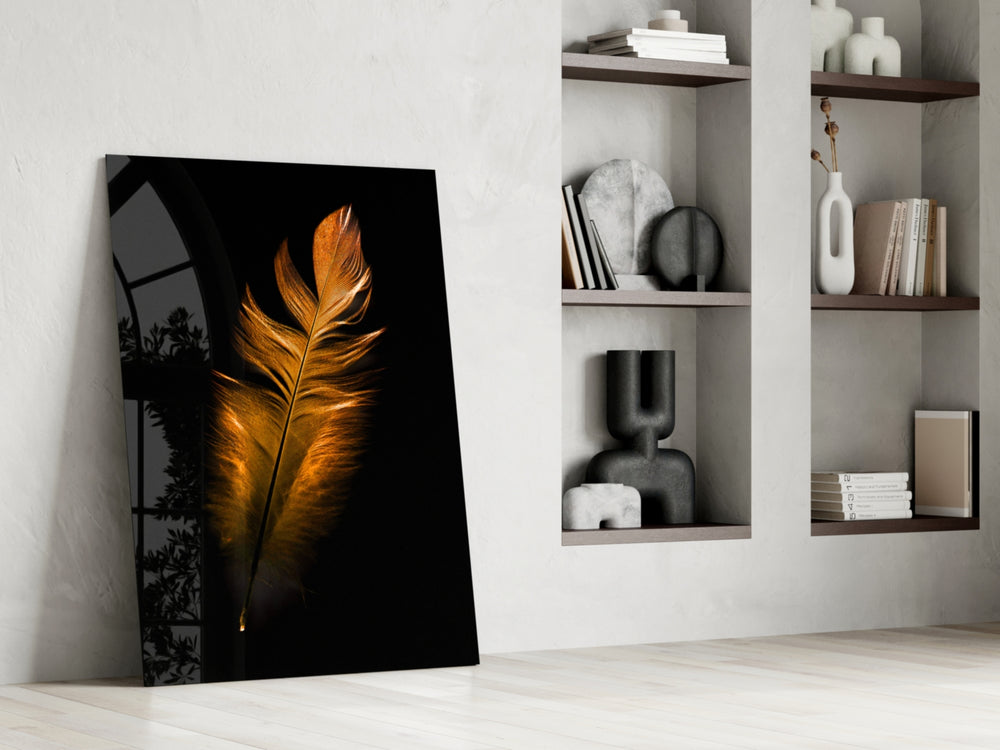 Copper Feather glass print enhancing a bedroom with serene drama