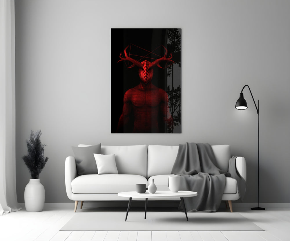 Close-up detail of crimson antlers and geometric constellation between horns