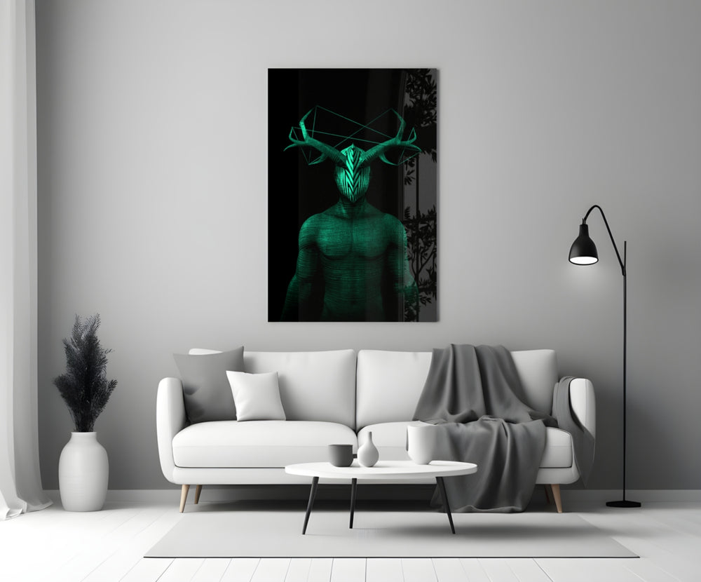 Close-up detail of emerald antlers and geometric constellation between horns