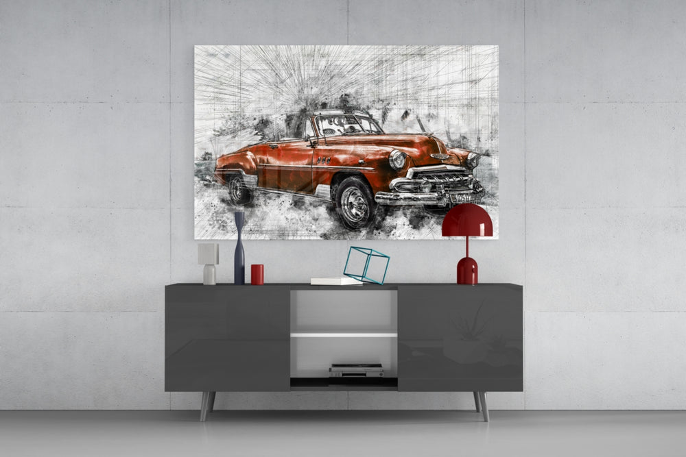 Red Vintage Muscle Car Glass Wall Art